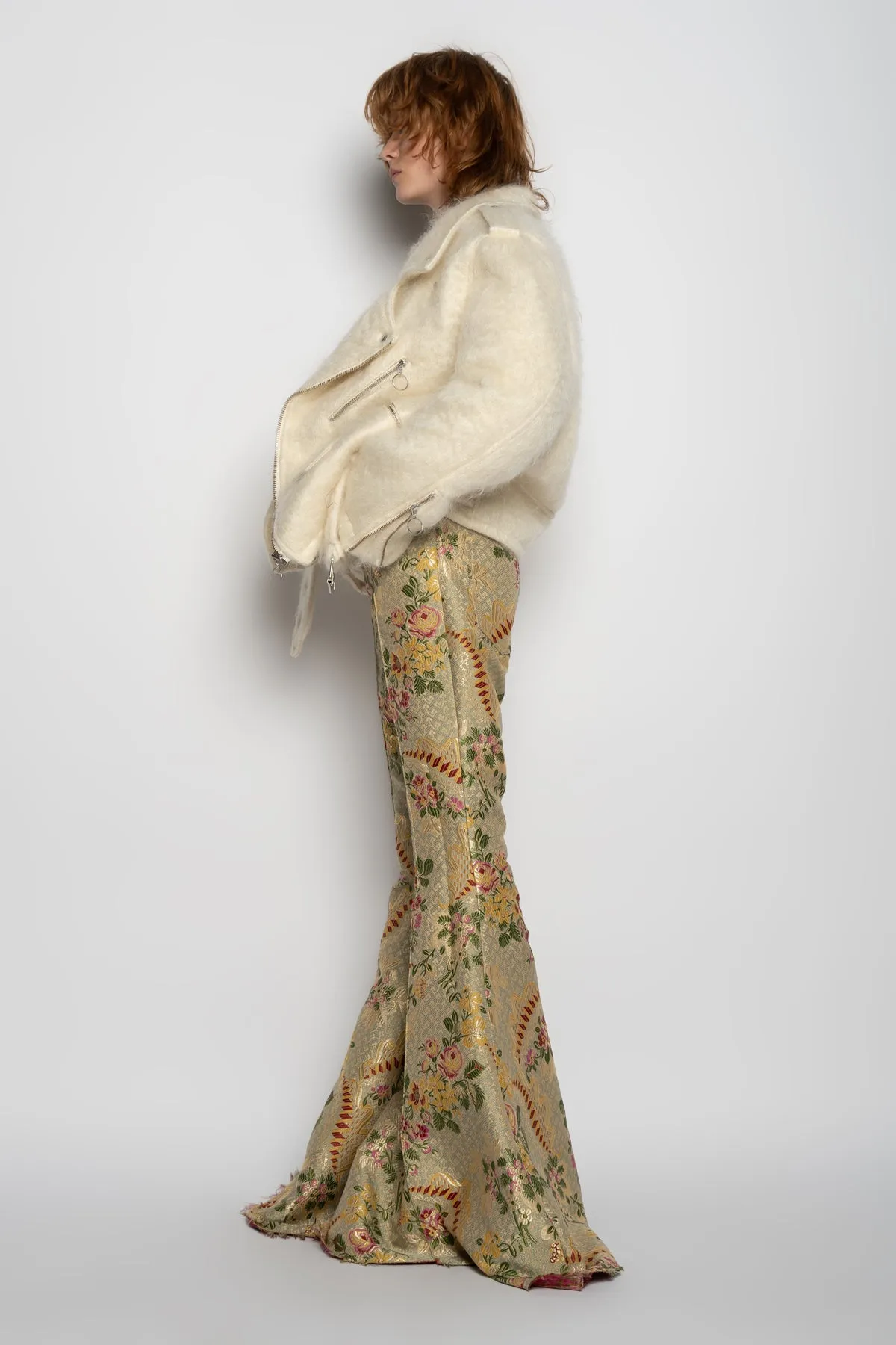 BEIGE BROCADE EXTREME FLARE TROUSERS