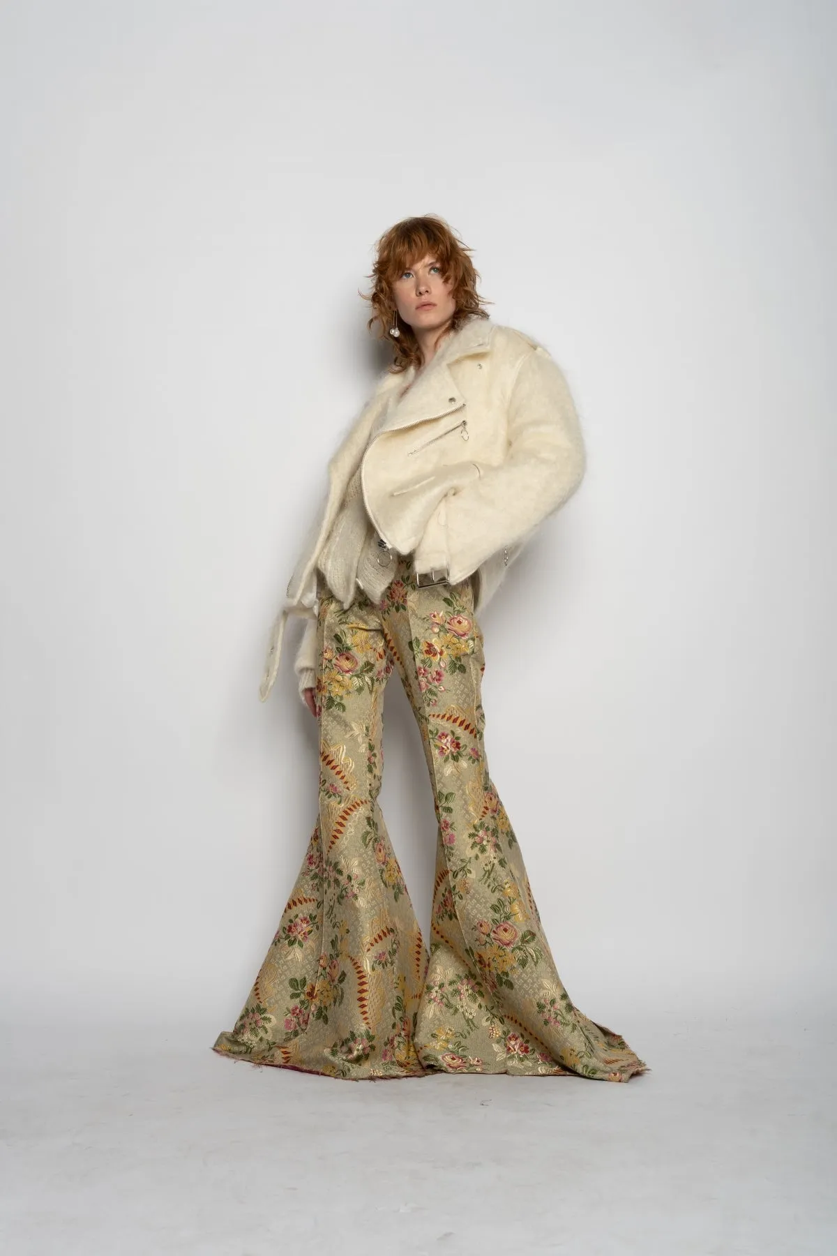 BEIGE BROCADE EXTREME FLARE TROUSERS