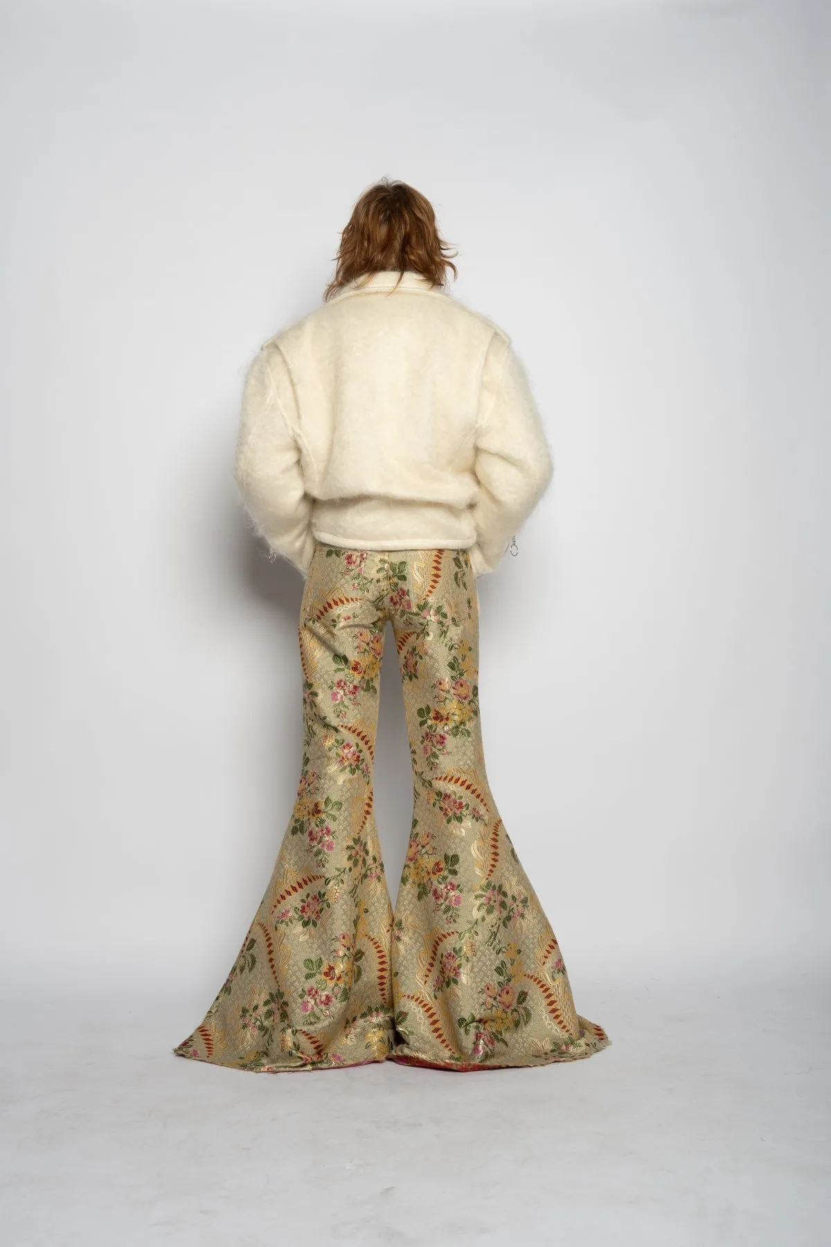 BEIGE BROCADE EXTREME FLARE TROUSERS