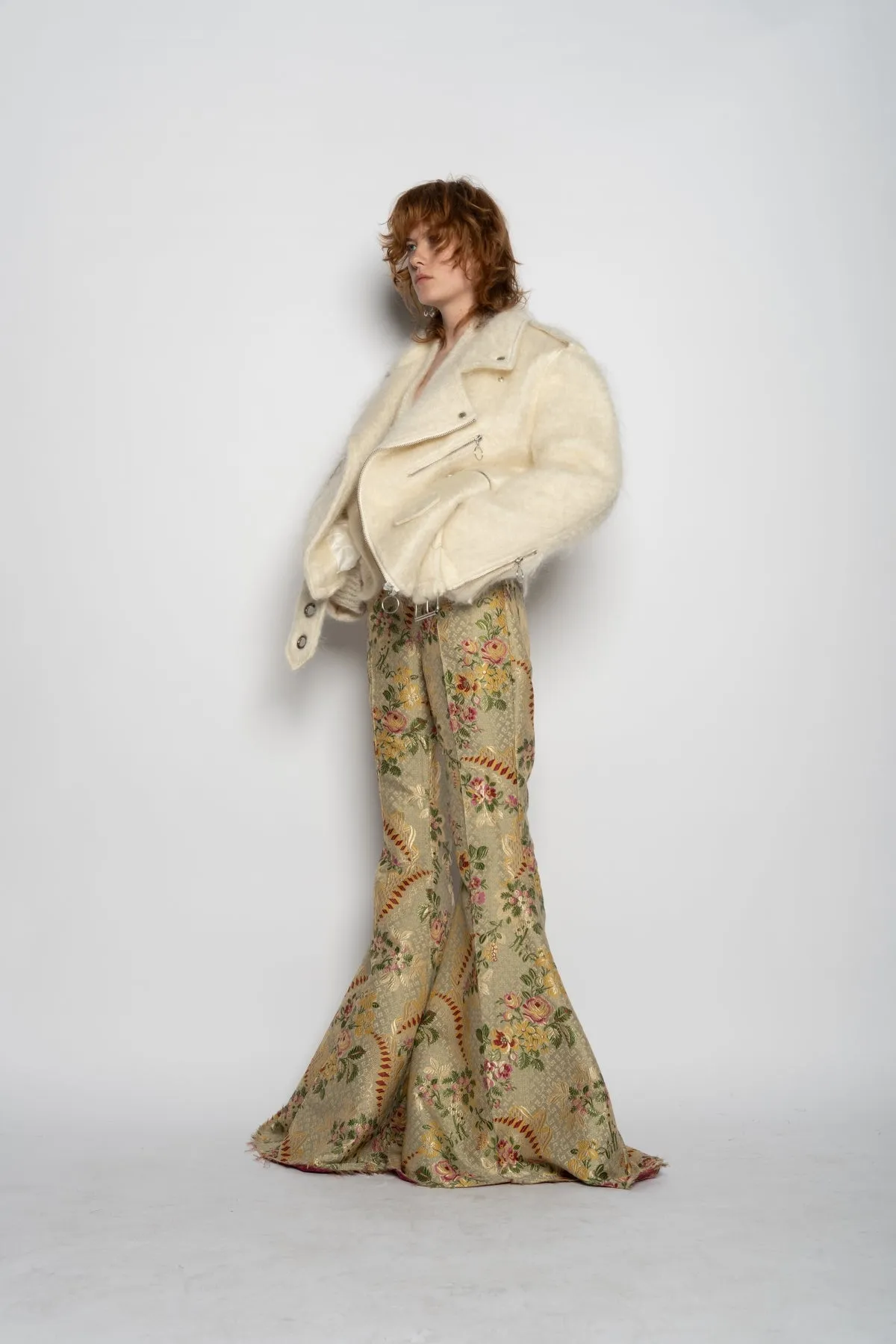 BEIGE BROCADE EXTREME FLARE TROUSERS