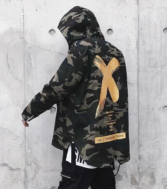Camouflage Jacket Men Coats High Street Ribbon Patchwork