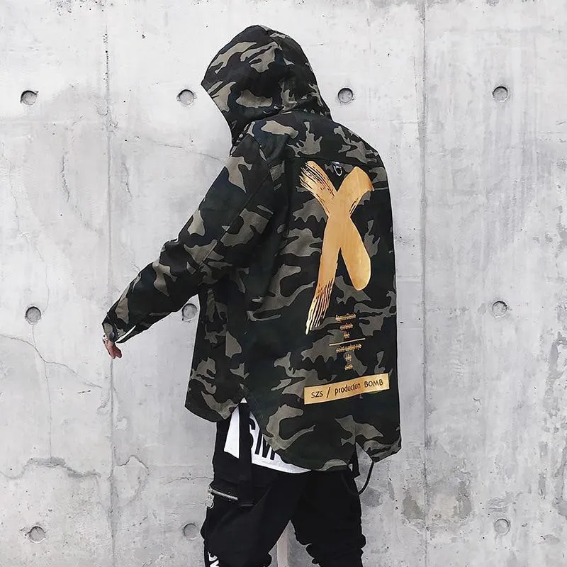 Camouflage Jacket Men Coats High Street Ribbon Patchwork