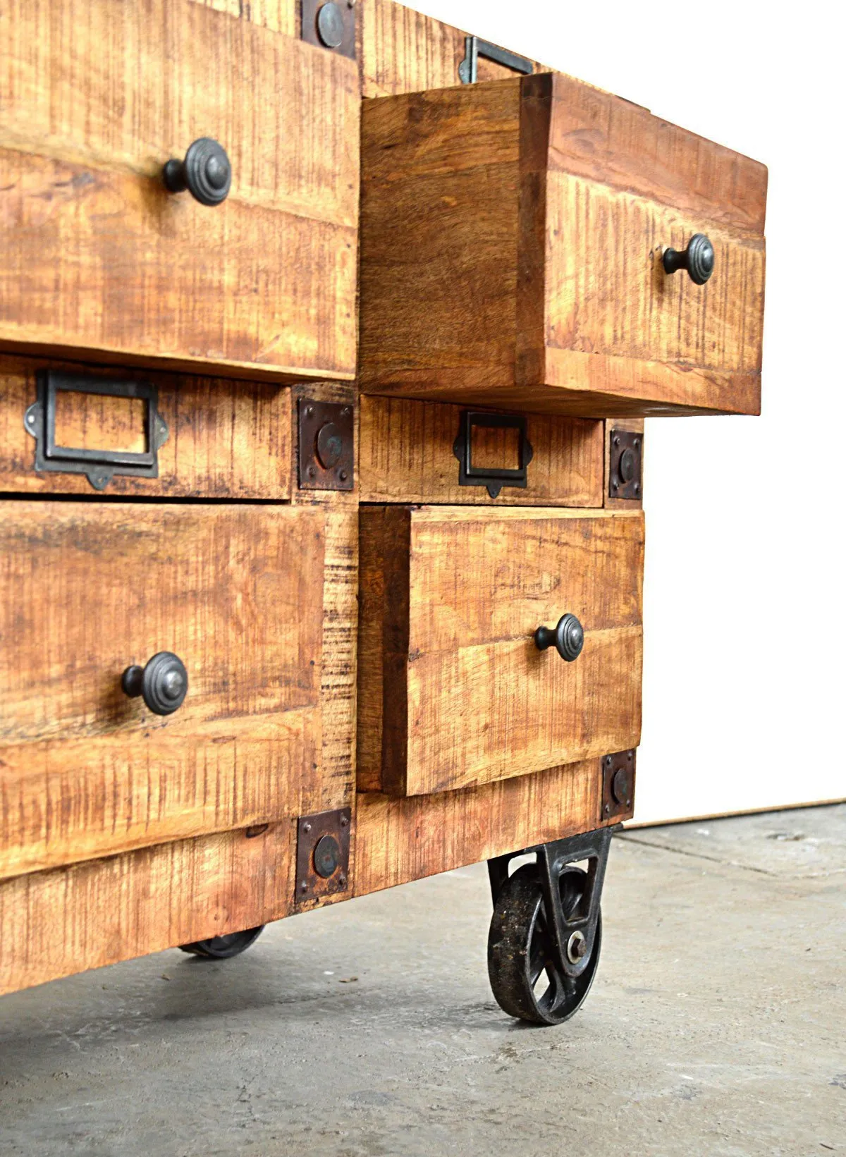 Cassettiera Industrial con ruote in Legno Massello con Ruote Country Rustico- 6 cassetti - BH2515