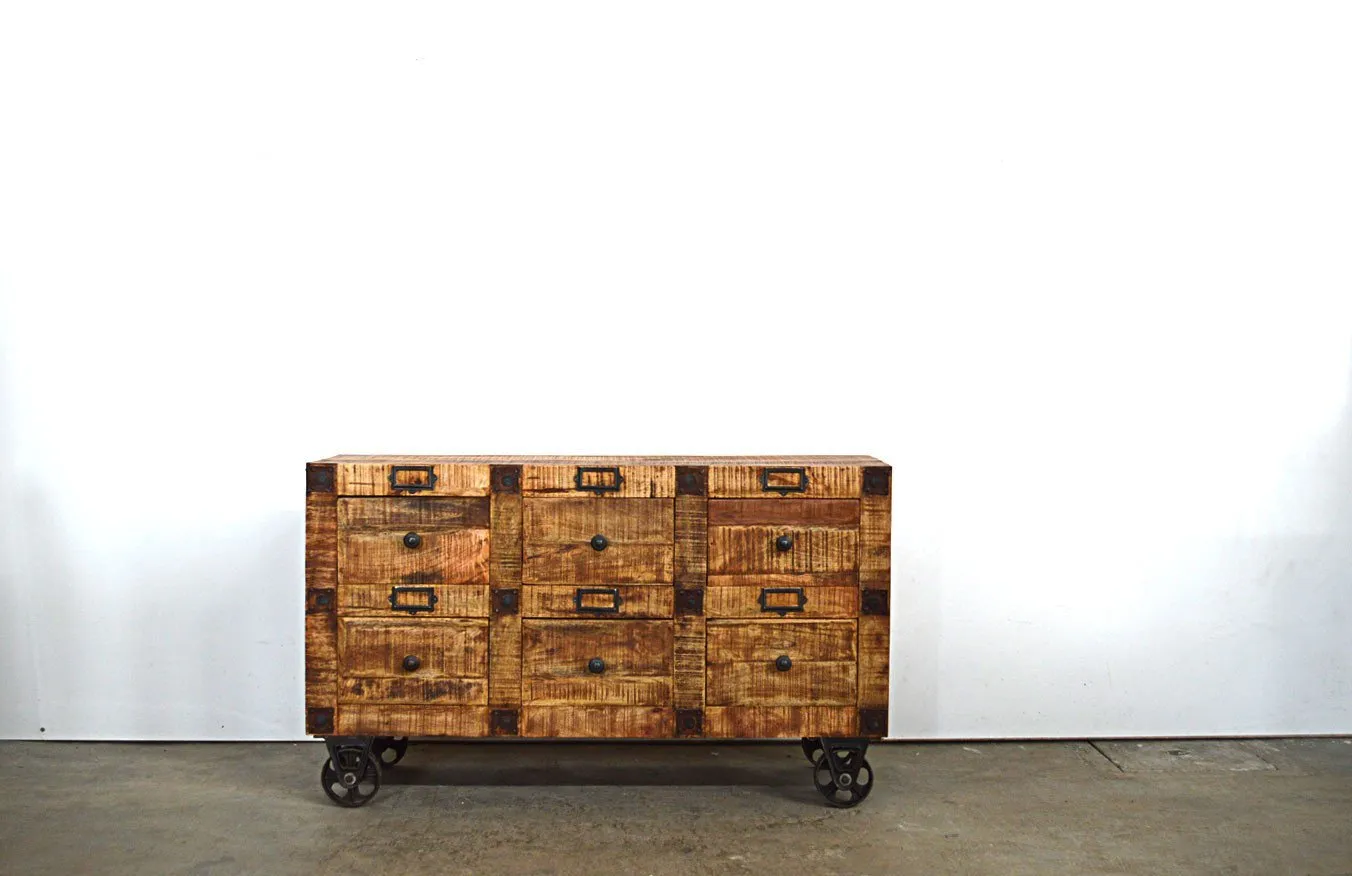 Cassettiera Industrial con ruote in Legno Massello con Ruote Country Rustico- 6 cassetti - BH2515