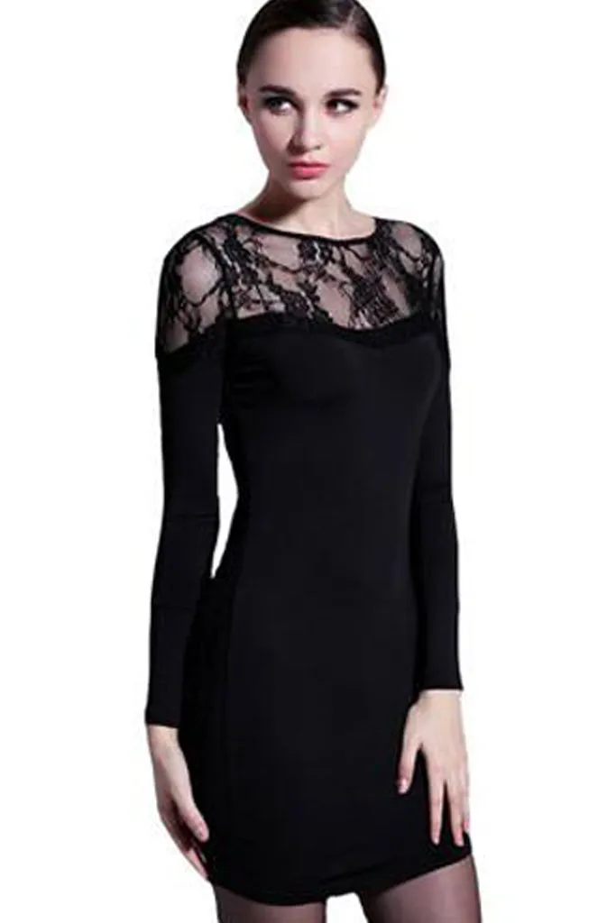 Long Sleeve lace Mini Dress in Black