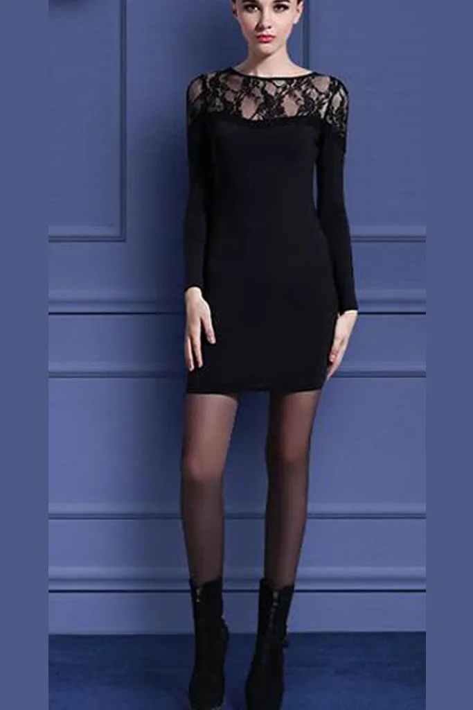 Long Sleeve lace Mini Dress in Black