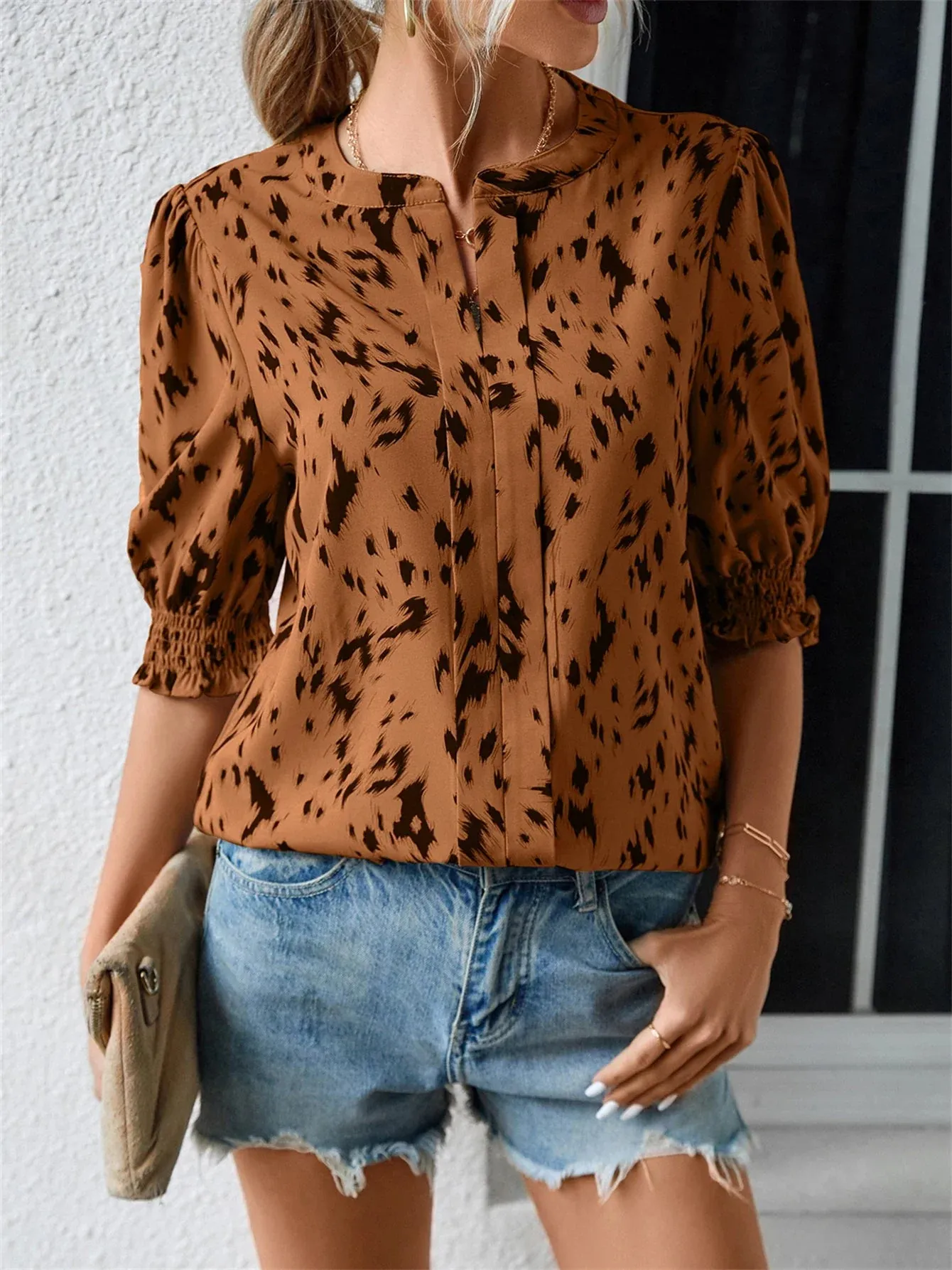 Neck Notched Embroidered Pattern Leopard Round Mid Casual Sleeve Blouse