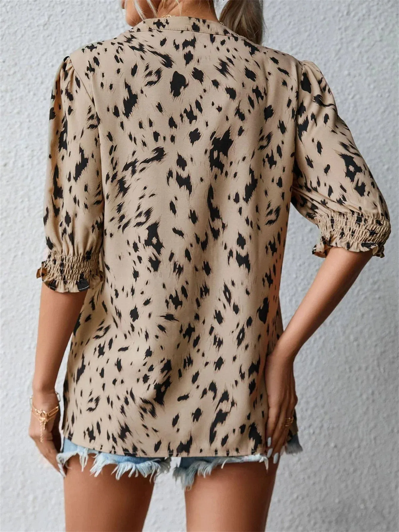Neck Notched Embroidered Pattern Leopard Round Mid Casual Sleeve Blouse