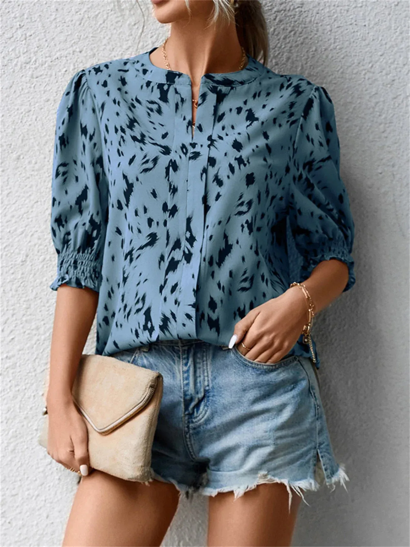 Neck Notched Embroidered Pattern Leopard Round Mid Casual Sleeve Blouse