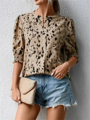 Neck Notched Embroidered Pattern Leopard Round Mid Casual Sleeve Blouse