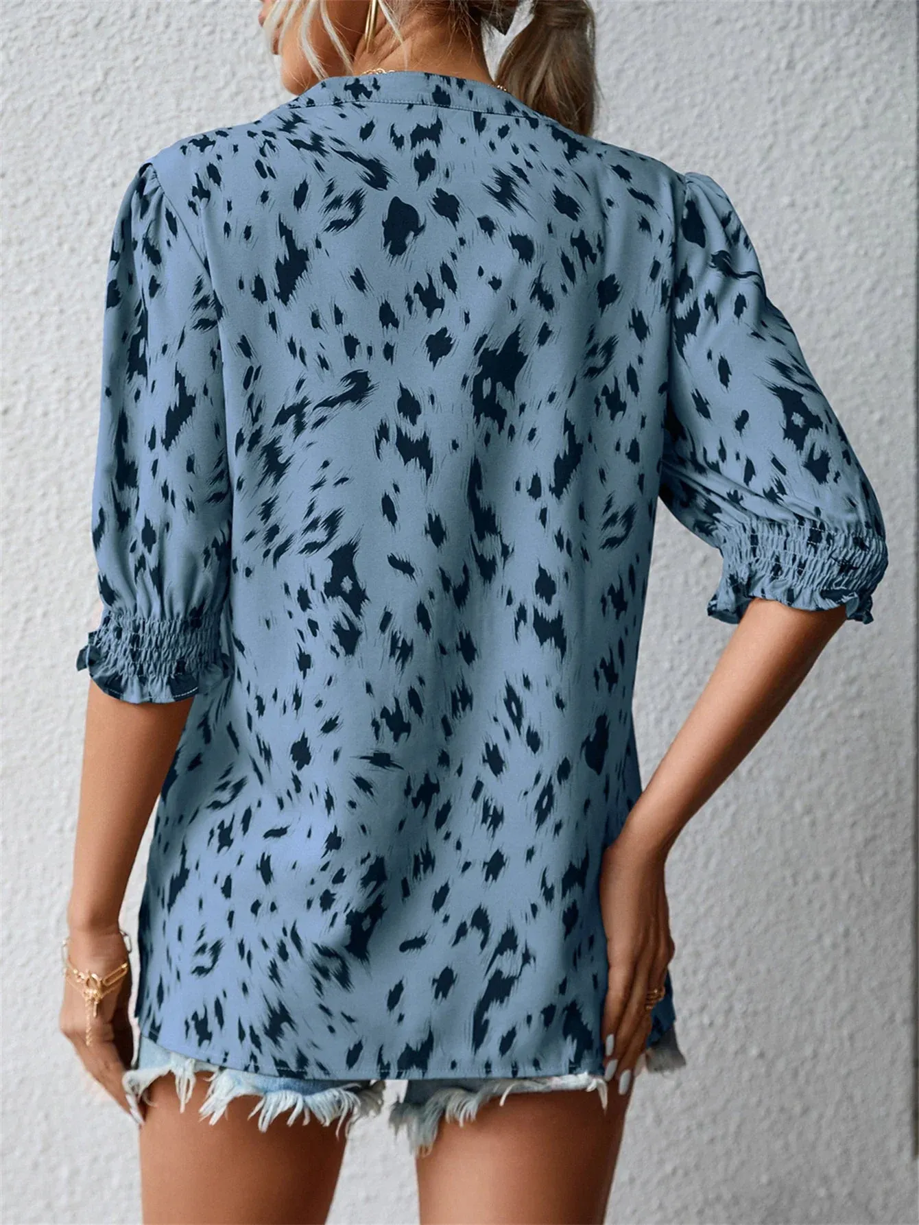Neck Notched Embroidered Pattern Leopard Round Mid Casual Sleeve Blouse