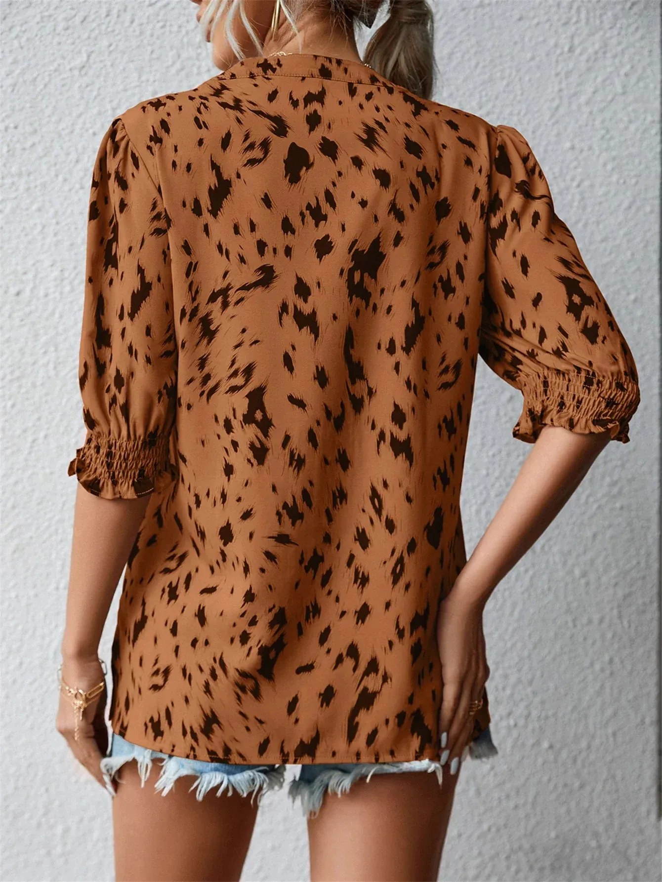 Neck Notched Embroidered Pattern Leopard Round Mid Casual Sleeve Blouse