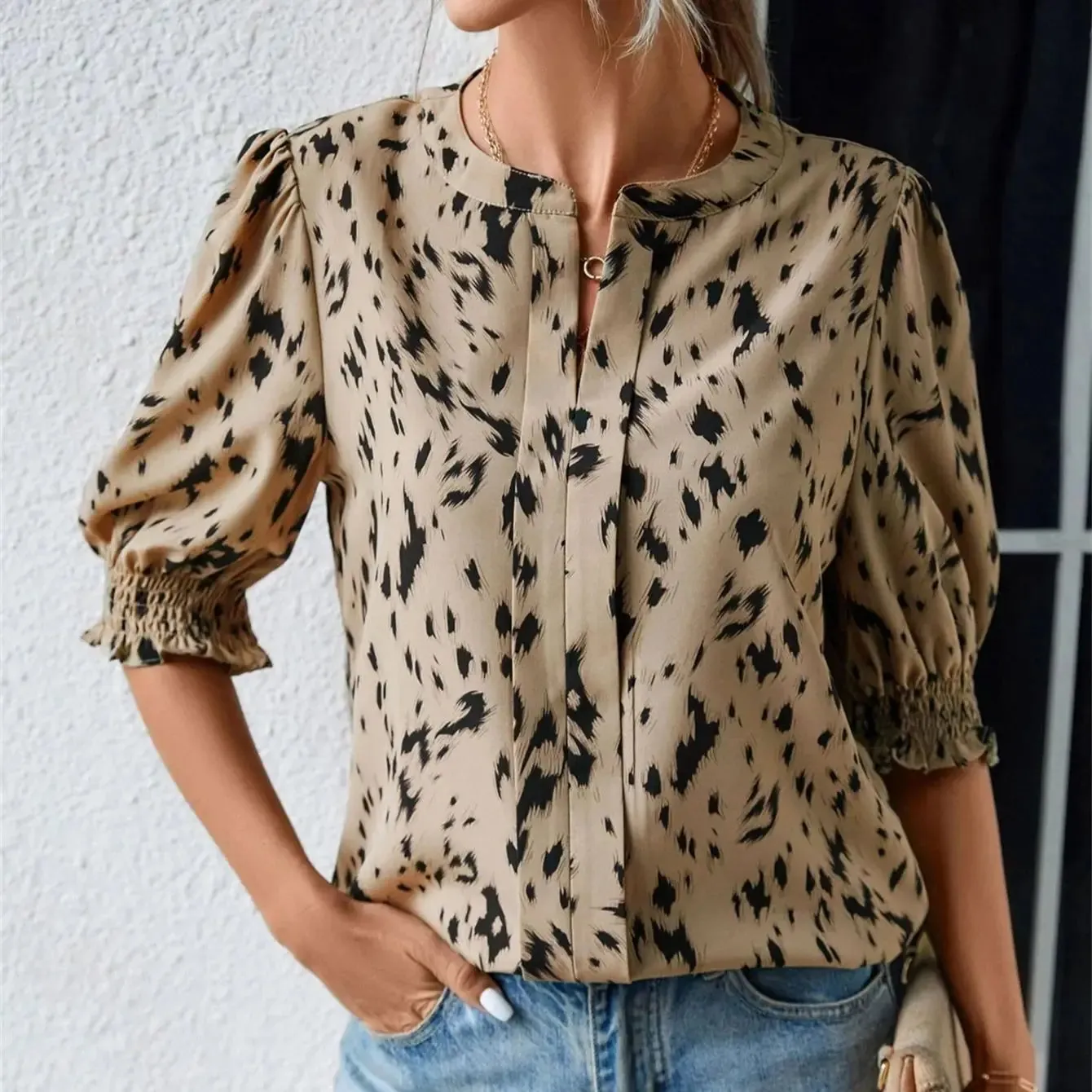 Neck Notched Embroidered Pattern Leopard Round Mid Casual Sleeve Blouse