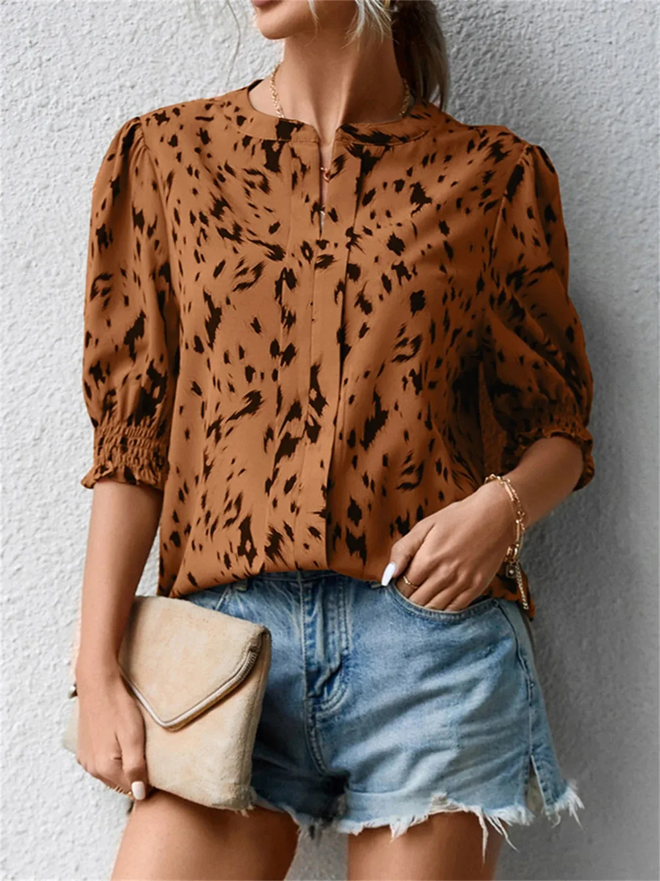 Neck Notched Embroidered Pattern Leopard Round Mid Casual Sleeve Blouse