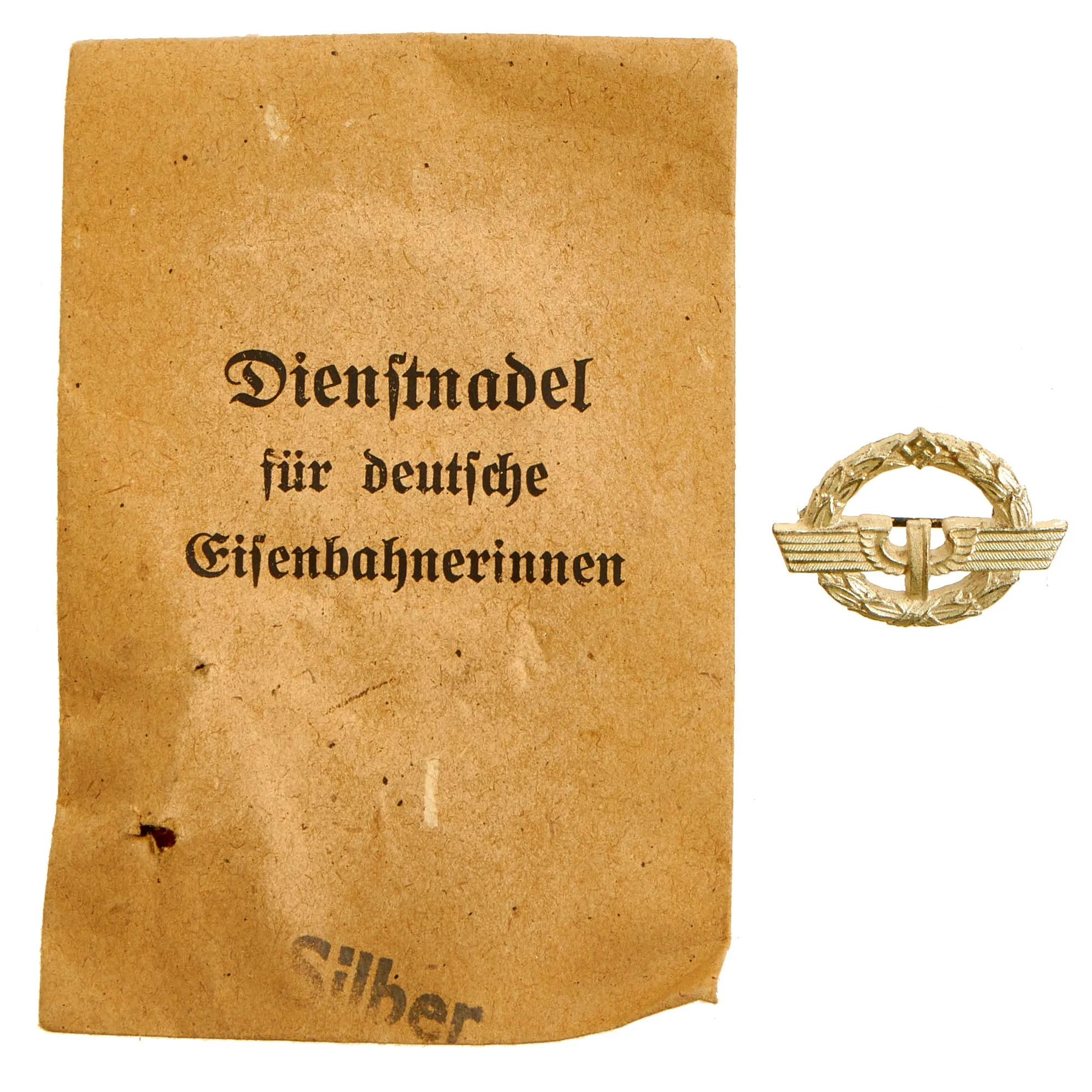 Original German WWII Deutsches Reichsbahn National Railway Silver Grade Female Staff Service Badge in Paper Packet
