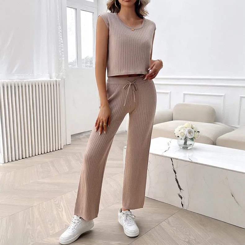 Spring Summer Women Clothing round Neck Slim Fit Sweater Set