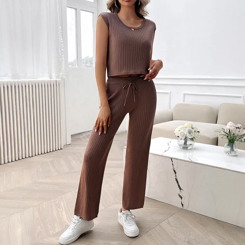 Spring Summer Women Clothing round Neck Slim Fit Sweater Set