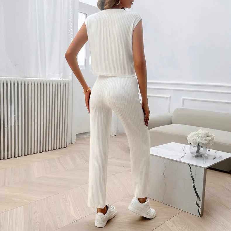 Spring Summer Women Clothing round Neck Slim Fit Sweater Set